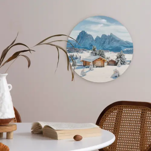 Winter - Huisje - Bergen - Uitzicht - Sneeuw Akoestische PET Vilt - Rond klein -sfeer3
