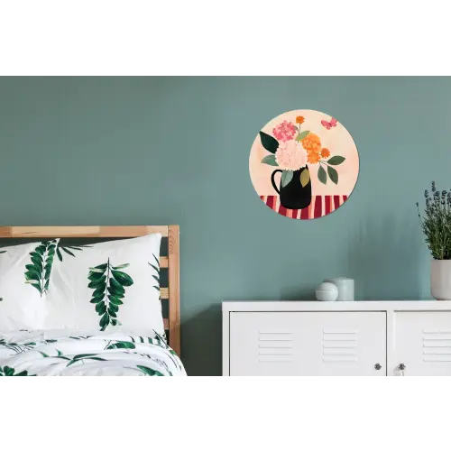 Vaas - Bloemen - Vlinder - Rood Wandcirkel aluminium klein -slaapkamer