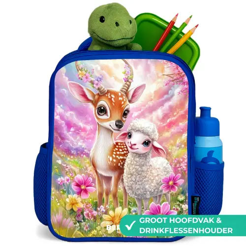 Hertje met een lammetje in pastelbloemenveld Kinderrugzak - Blauw middel -inhoud_NL