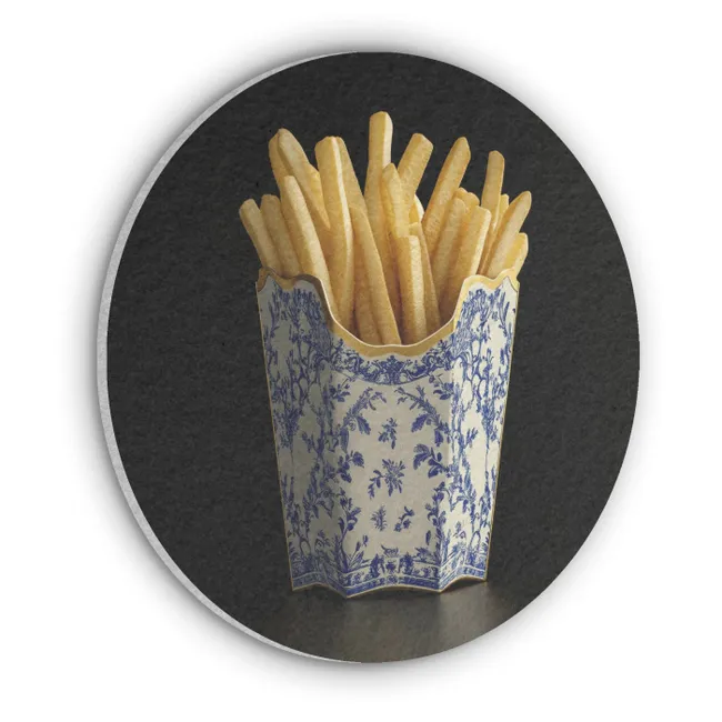 Akoestisch schilderij rond - Friet - Porselein - Delfts blauw - Eten