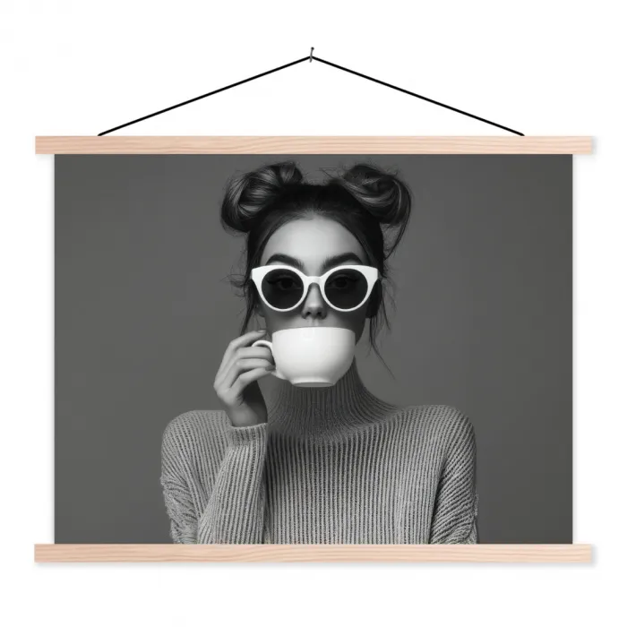 Vrouw - Koffie - Zwart - Wit textielposter latten blank klein -3d