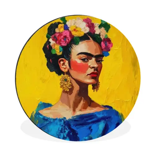 Frida Kahlo - Vrouw - Geel - Blauw - Bloemen Wandcirkel aluminium klein -3d