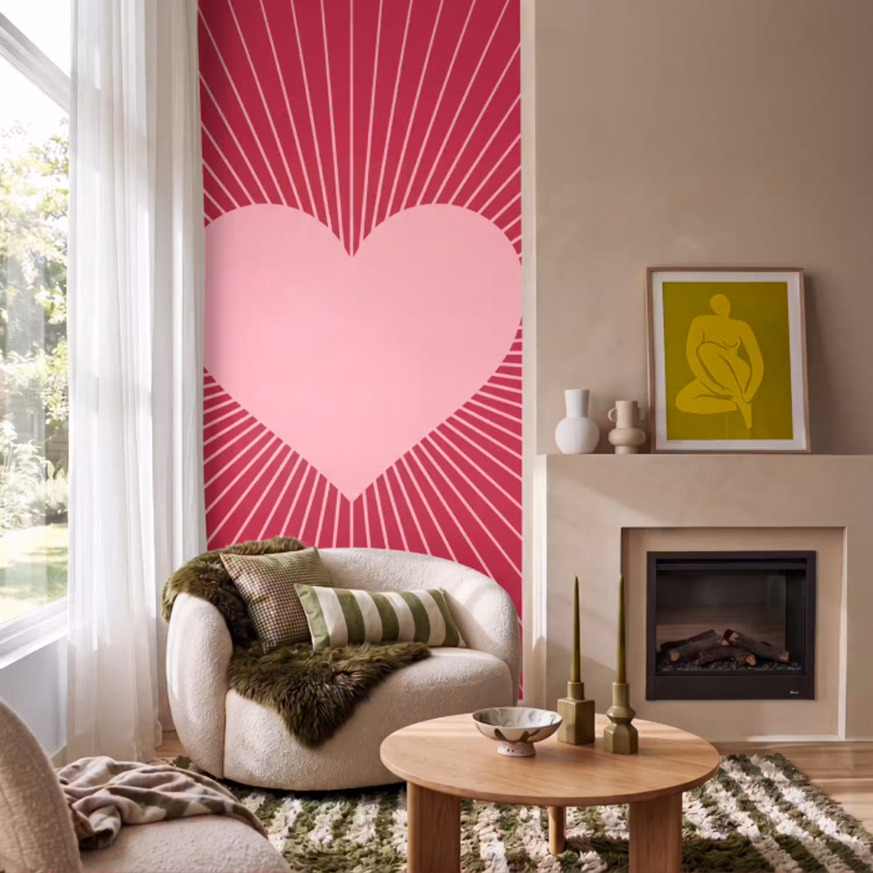 Hart - Stralen - Liefde - Abstract - Roze Behang Vlies klein -sfeer2