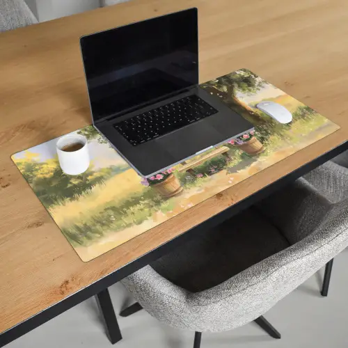 Houten bankje - Bloempotten - Landschap Muismat XXL klein -sfeer1