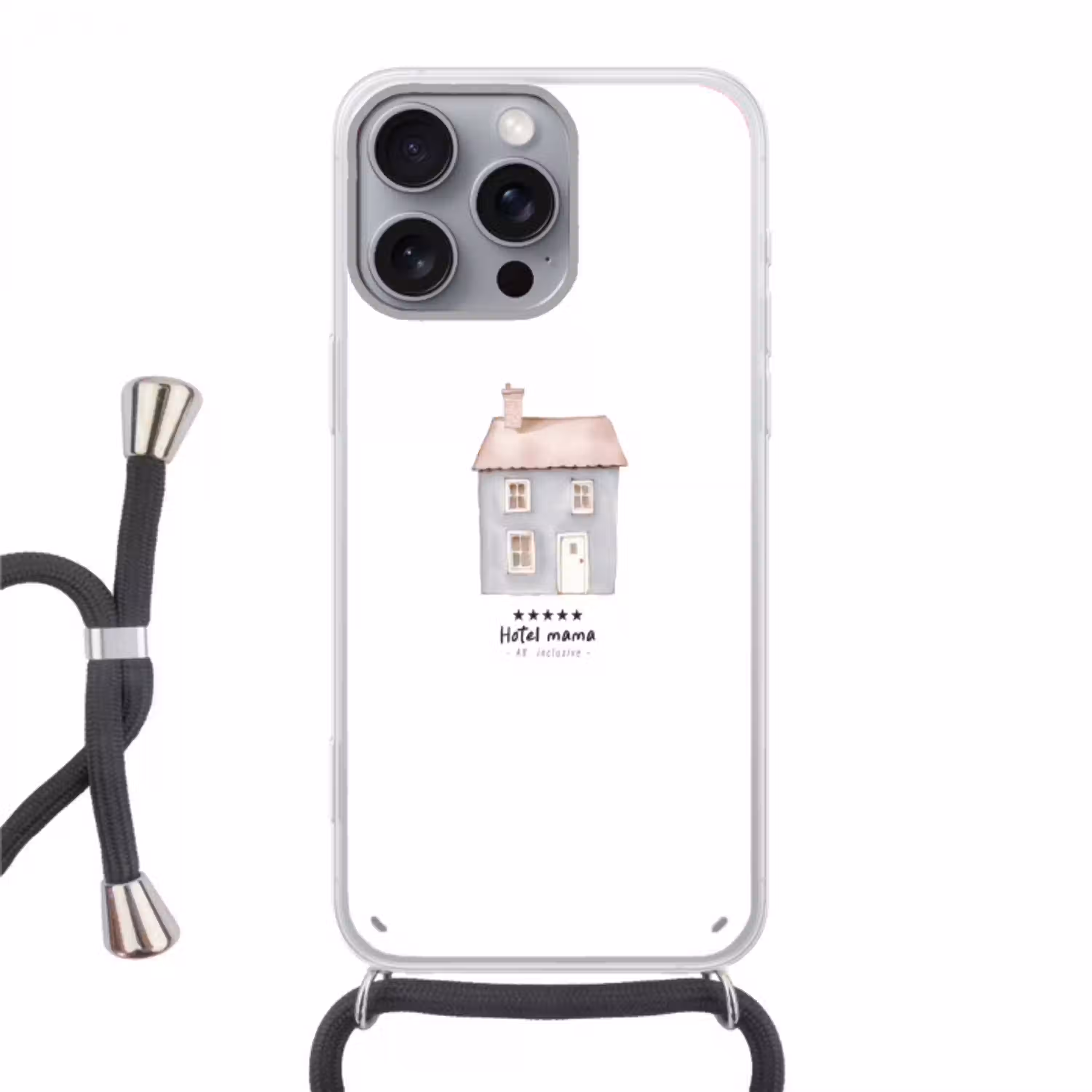Lichtblauw - Huisje - Mama - Tekst Hoesje iPhone 16 Pro Max met koord klein -3d