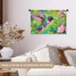 Kolibrie - Bloemen - Natuur - Kleurrijk Wandkleed katoen klein -sfeer1