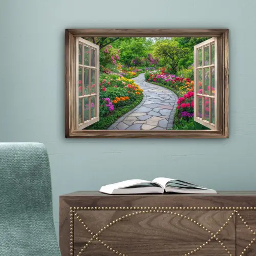 Doorkijk - Bloemen - Tuinpad - Natuur - Raam canvas 2cm klein -sfeer4