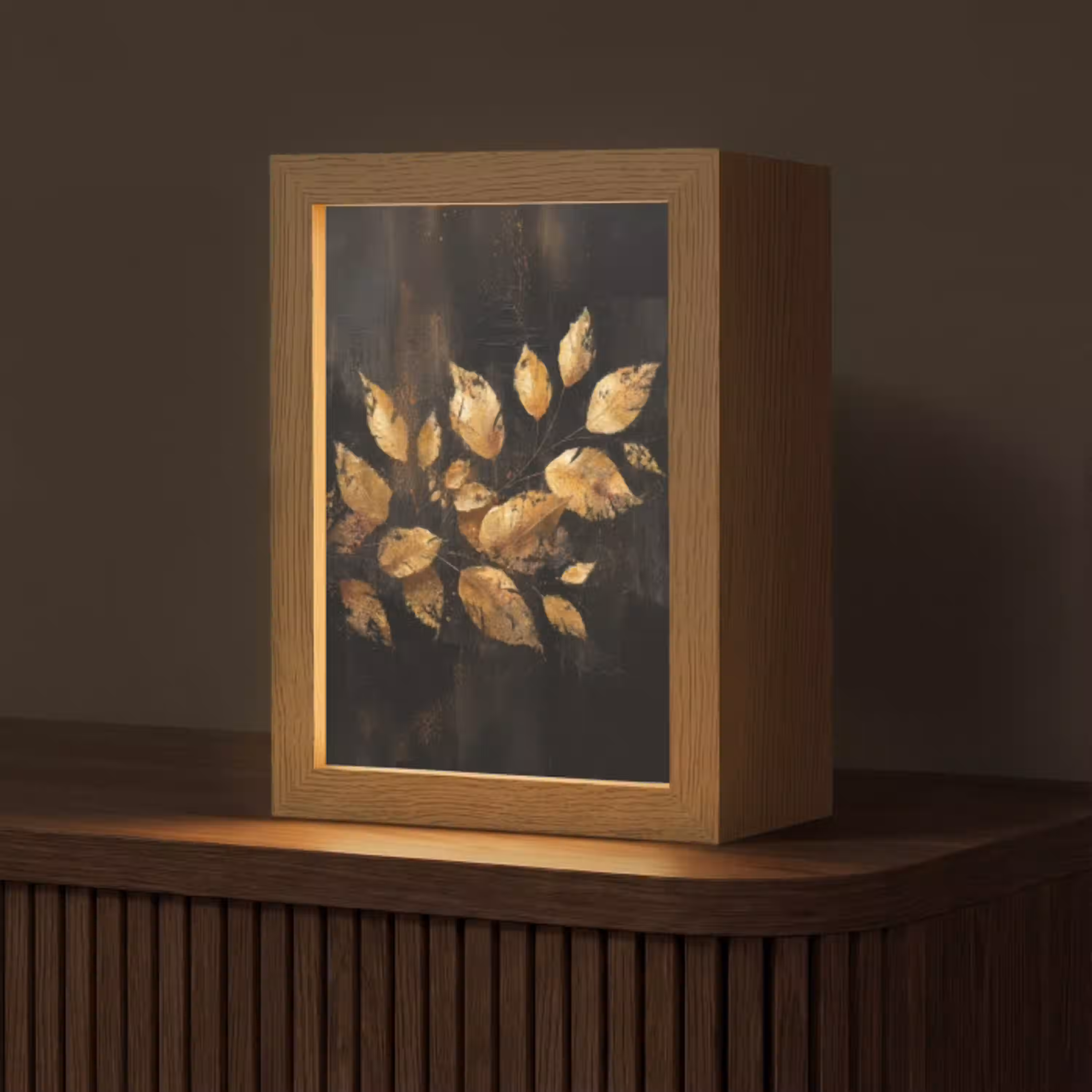 Gouden Bladeren op Donkere Achtergrond Light Box met kabel (Tafellamp) klein -z3d_website