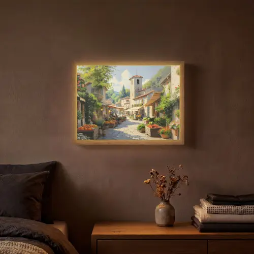 Dorp - Zon - Kraampjes - Huizen Light Box met batterij (Wandlamp) middel -sfeer4