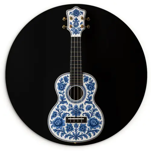 Ukelele - Delfts - Blauw - Muziek Wandcirkel kunststof plaat 5mm dik klein -3d