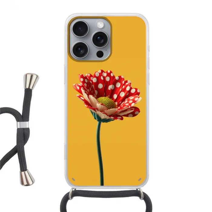 Bloem - Rood - Stippen Hoesje iPhone 16 Pro Max met koord klein -3d