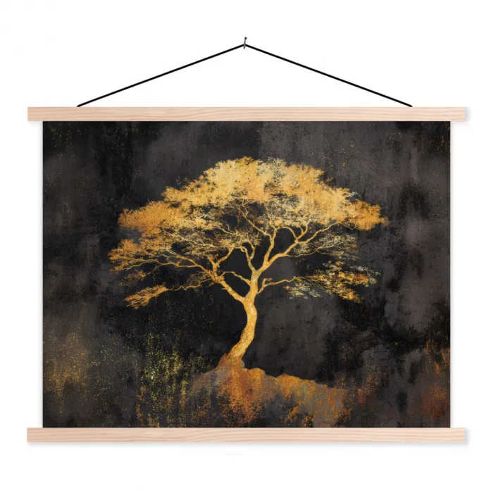 Boom - Schilderij - Goud - Abstract textielposter latten blank klein -3d