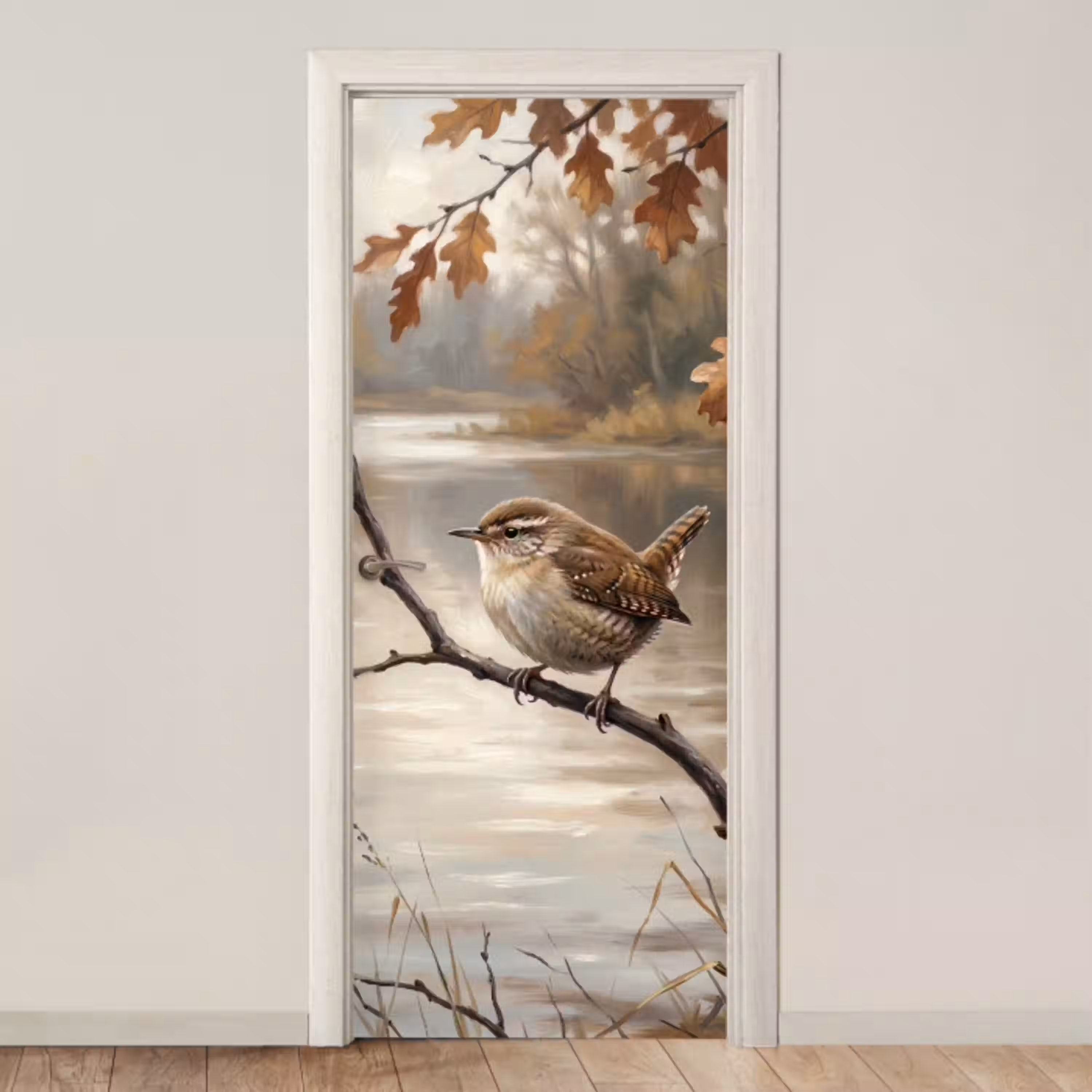 Winterkoninkje - Tak - Rivier - Natuur - Sfeervol deurposter klein -3d_beige