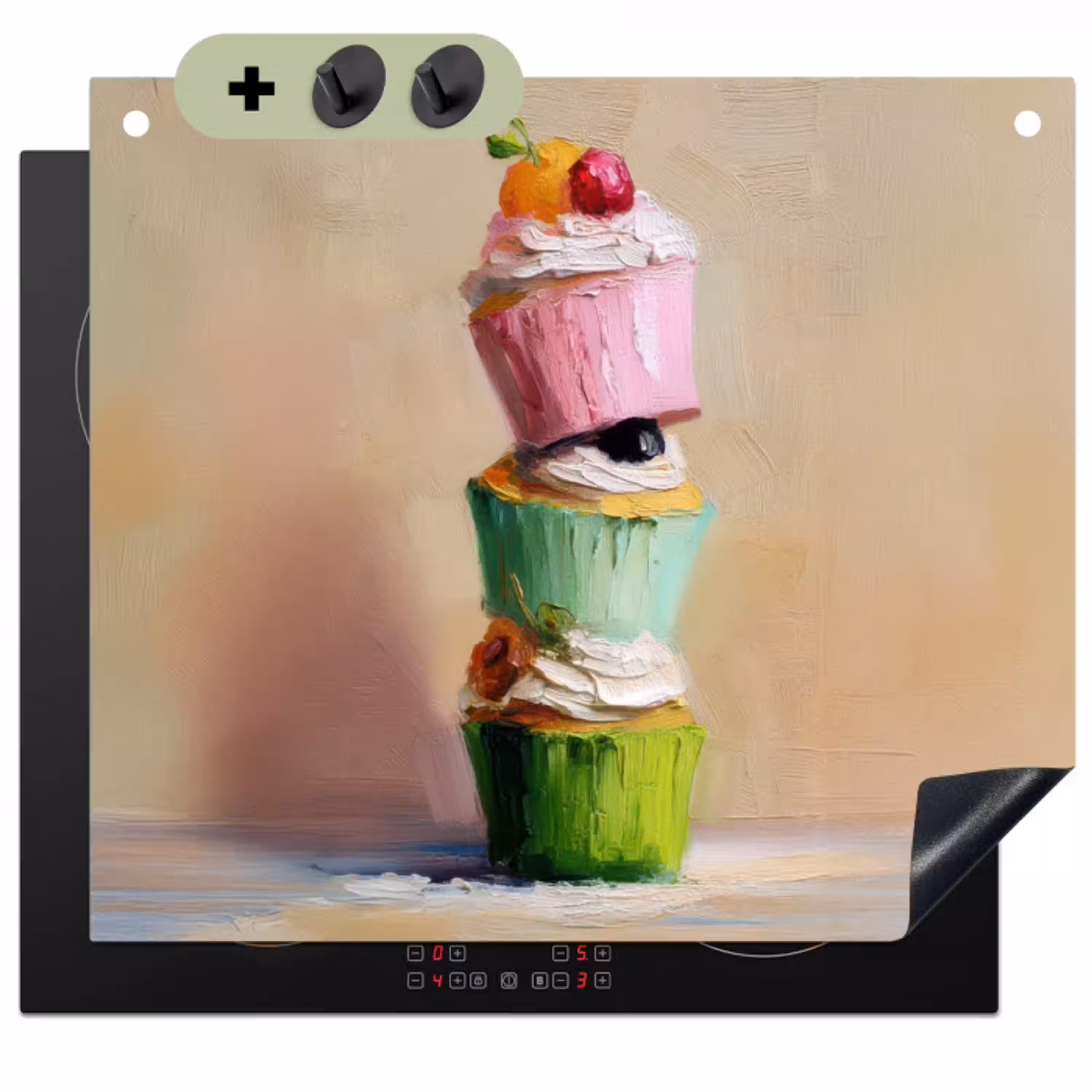 Cupcakes - Gestapeld - Kleurrijk - Fruit Inductie beschemer met haakjes klein -3d