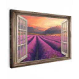 Doorkijk - Lavendel - Landschap - Bloemen - Paars Tuinposter op houten frame 2 cm dik klein -3d