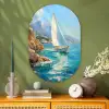 Zeilboot - Rotsen - Kust - Huizen Wandcirkel Ovaal Glas middel -sfeer2