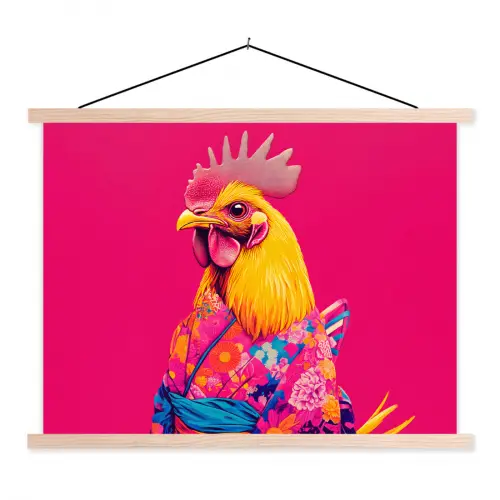 Haan - Kleurrijk - Kimono - Roze textielposter latten blank klein -3d