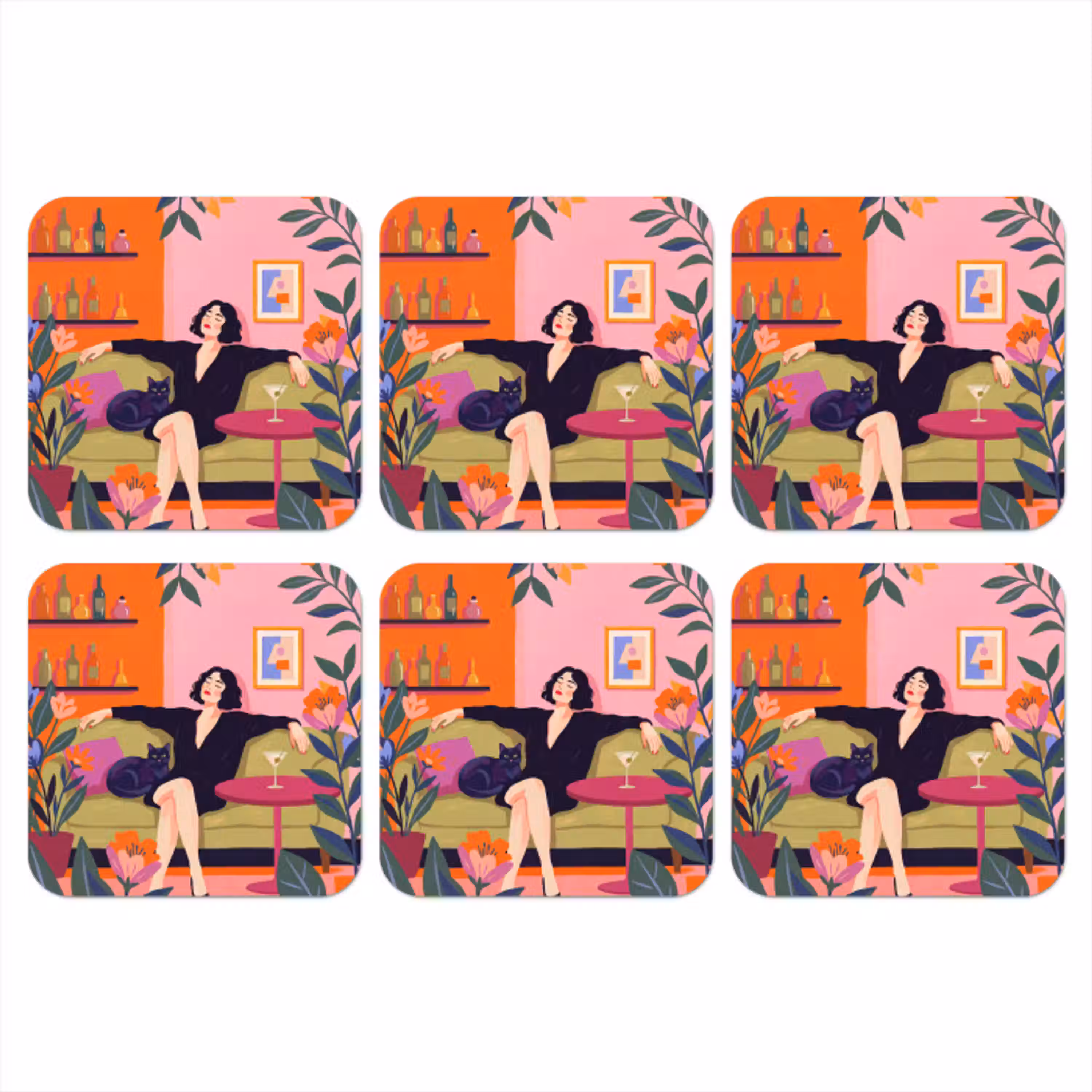 Vrouw - Kat - Interieur - Modern - Kleurrijk onderzetter kurk middel -3d