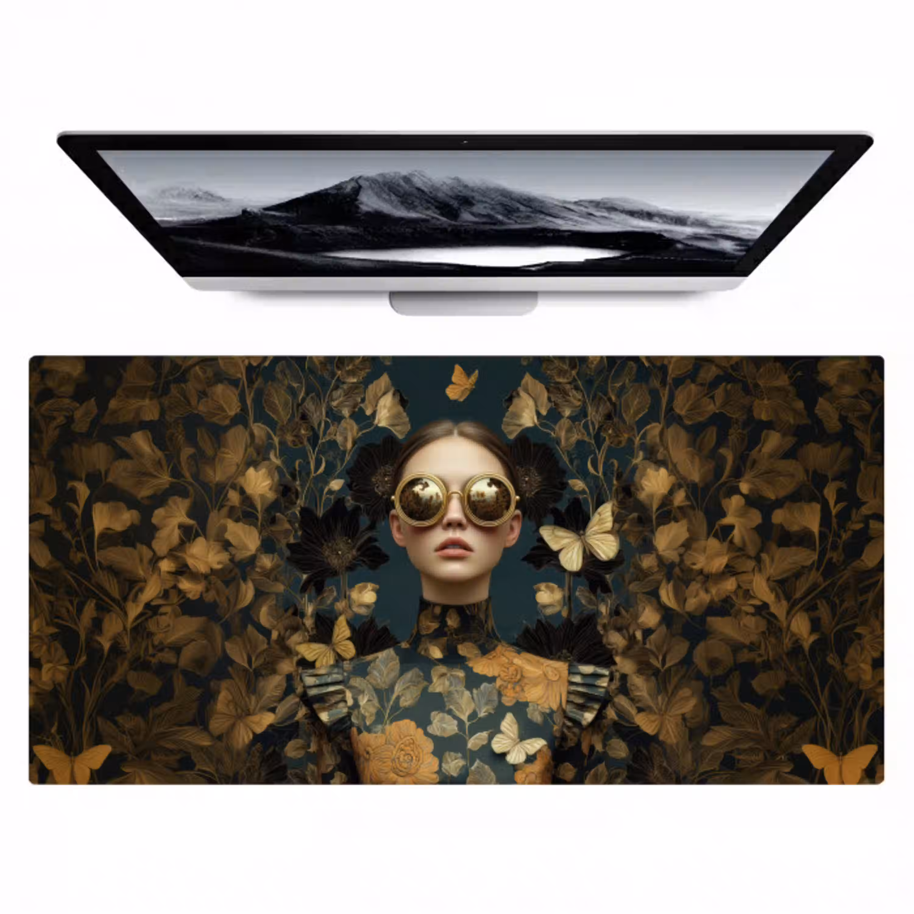 Vrouw - Bladeren - Goud - Vlinders Muismat XXL klein -zzz3d