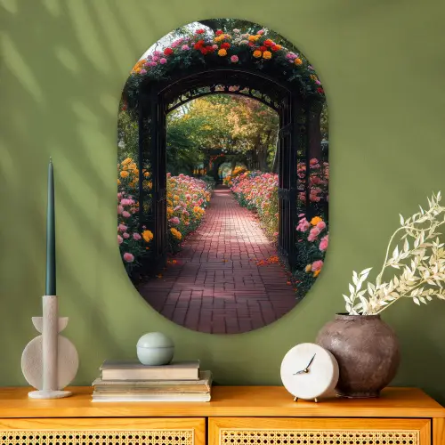 Doorkijk - Bloemen - Pad - Natuur - Kleurrijk Wandcirkel Ovaal Glas middel -sfeer2