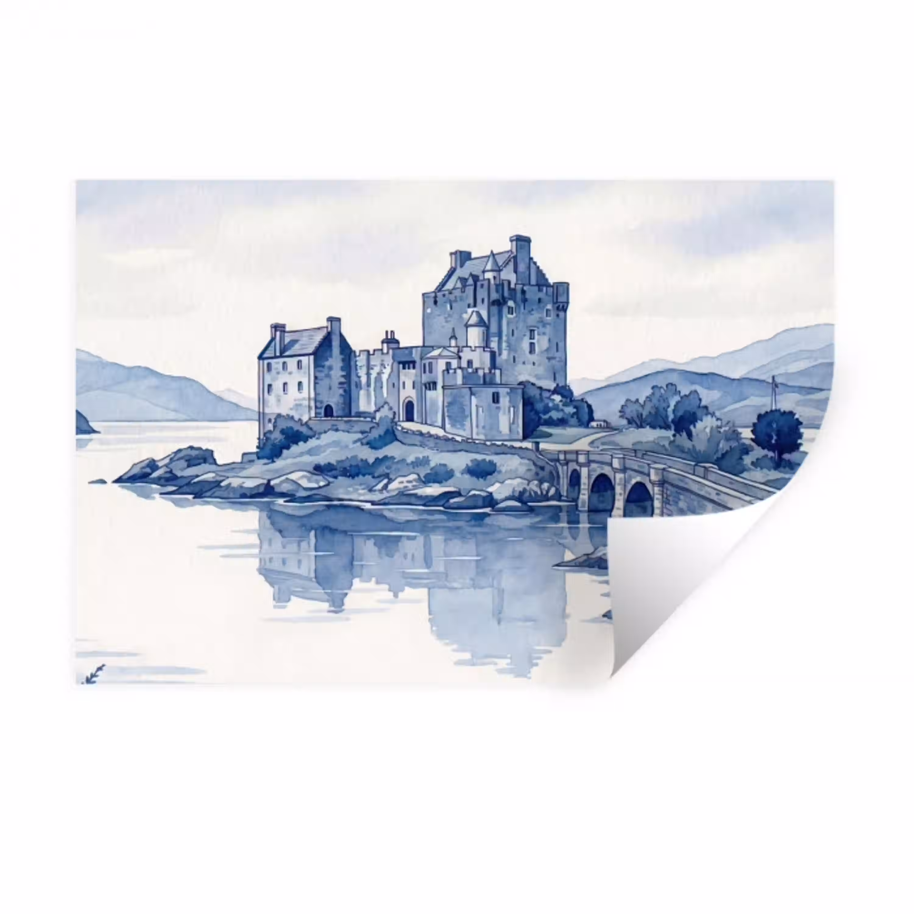 Schots - Kasteel - Blauw - Aquarel Muursticker klein -3d