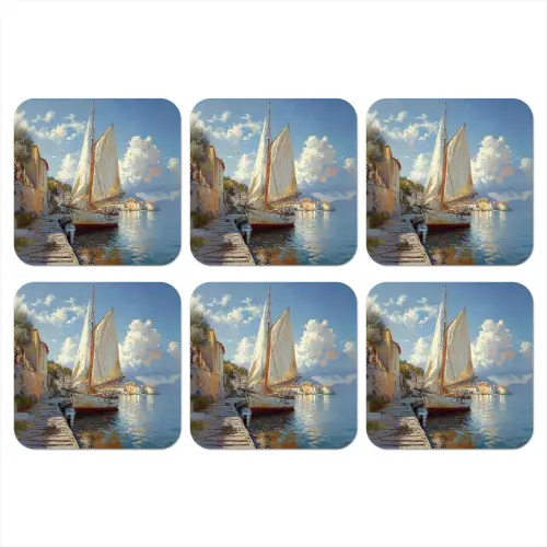 Zeilschip - Huizen - Kade - Zee onderzetter kurk middel -3d