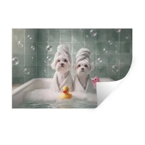 Hondjes - Badkuip - Badeendjes - Handdoeken Muursticker klein -3d