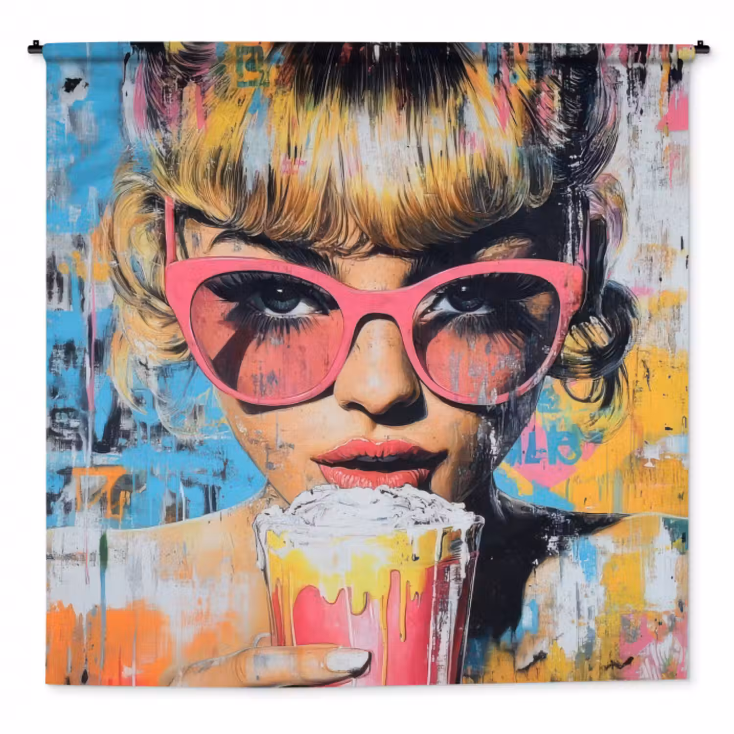Wandteppich - Sonnenbrille - Frau - Bunt - Farbspritzer