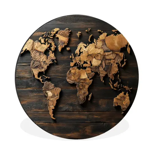 Wereldkaart -  Hout - Mozaïek Wandcirkel aluminium klein -3d