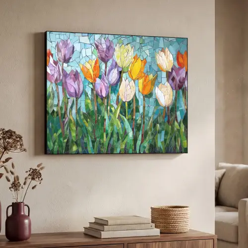 Mozaïek - Veld - Tulpen - Kleurrijk Textielframe zwart klein -sfeer3