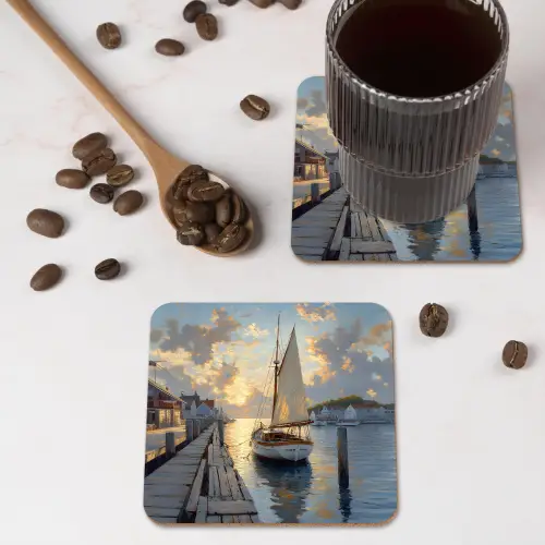 Zeilboot - Zon - Pier - Hout onderzetter kurk middel -sfeer2