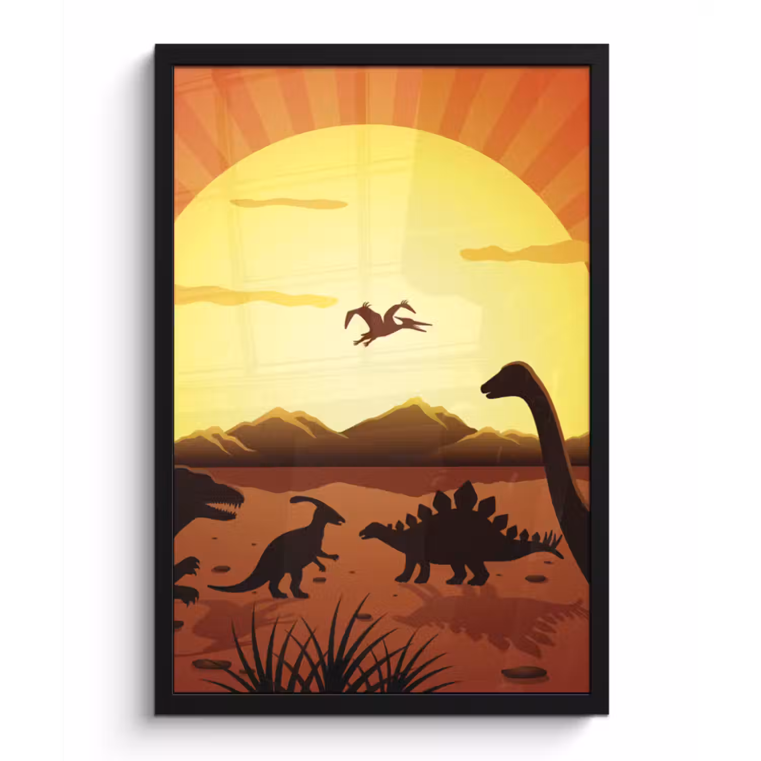 Poster met lijst - Dino - Zon - Natuur - Tekening - Kinderen - Jongens