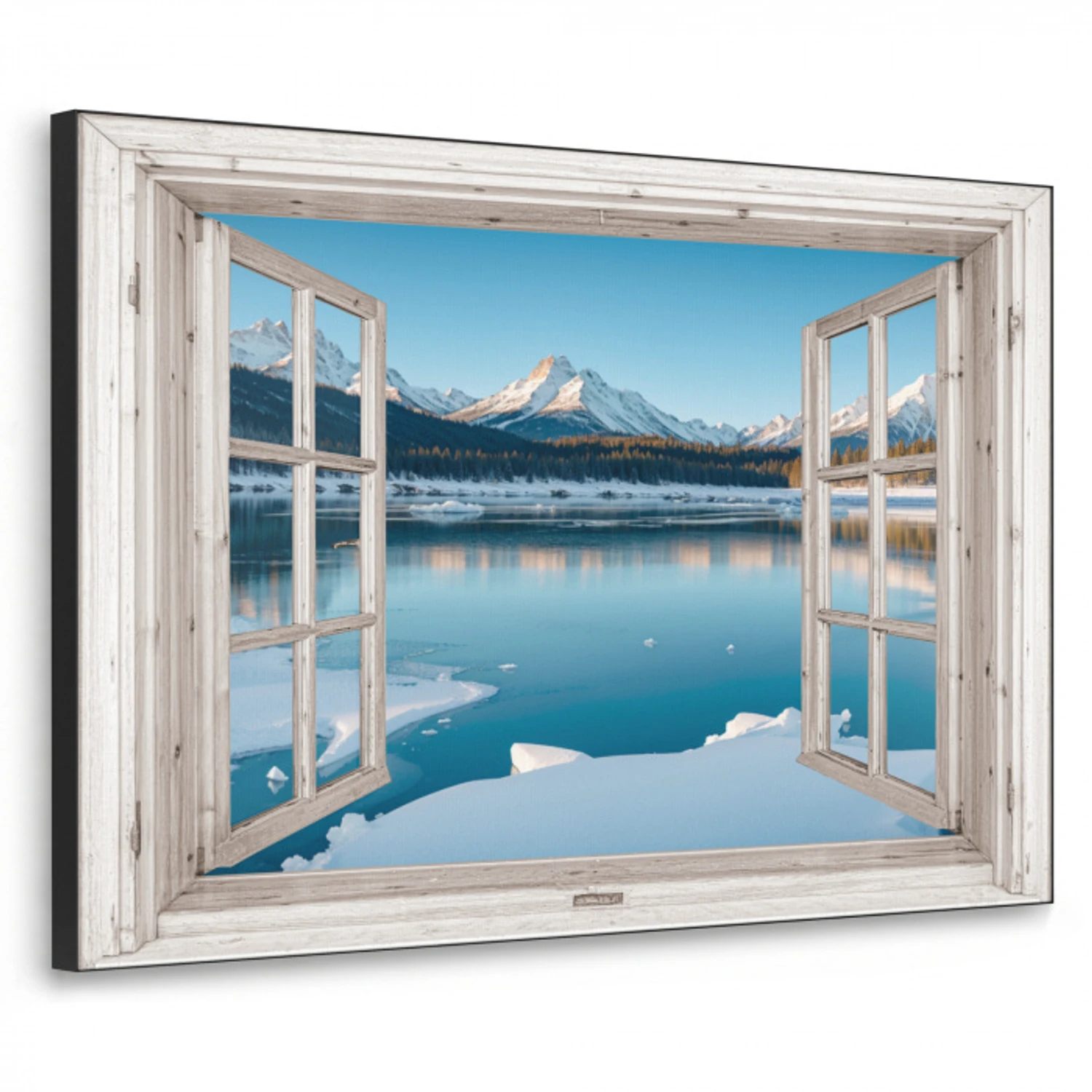 Landschap - Winter - Meer - Bergen - Uitzicht - Doorkijk - Licht Textielframe zwart klein -3d