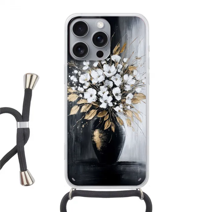 Bloemen - Wit - Vaas - Abstract Hoesje iPhone 16 Pro Max met koord klein -3d