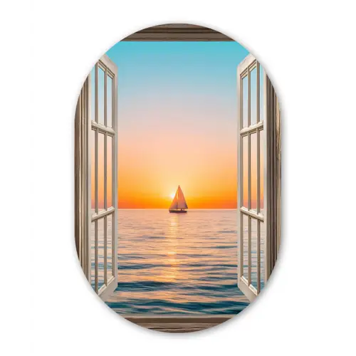 Doorkijk - Zee - Boot - Zonsondergang Wandcirkel Ovaal Glas middel -3d