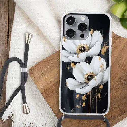 Bloemen - Wit - Abstract Hoesje iPhone 16 Pro Max met koord klein -sfeer4