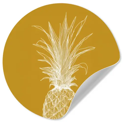 Lijnillustratie - Ananas - Bladkroon - Okergeel Wandcirkel behangsticker klein -3d