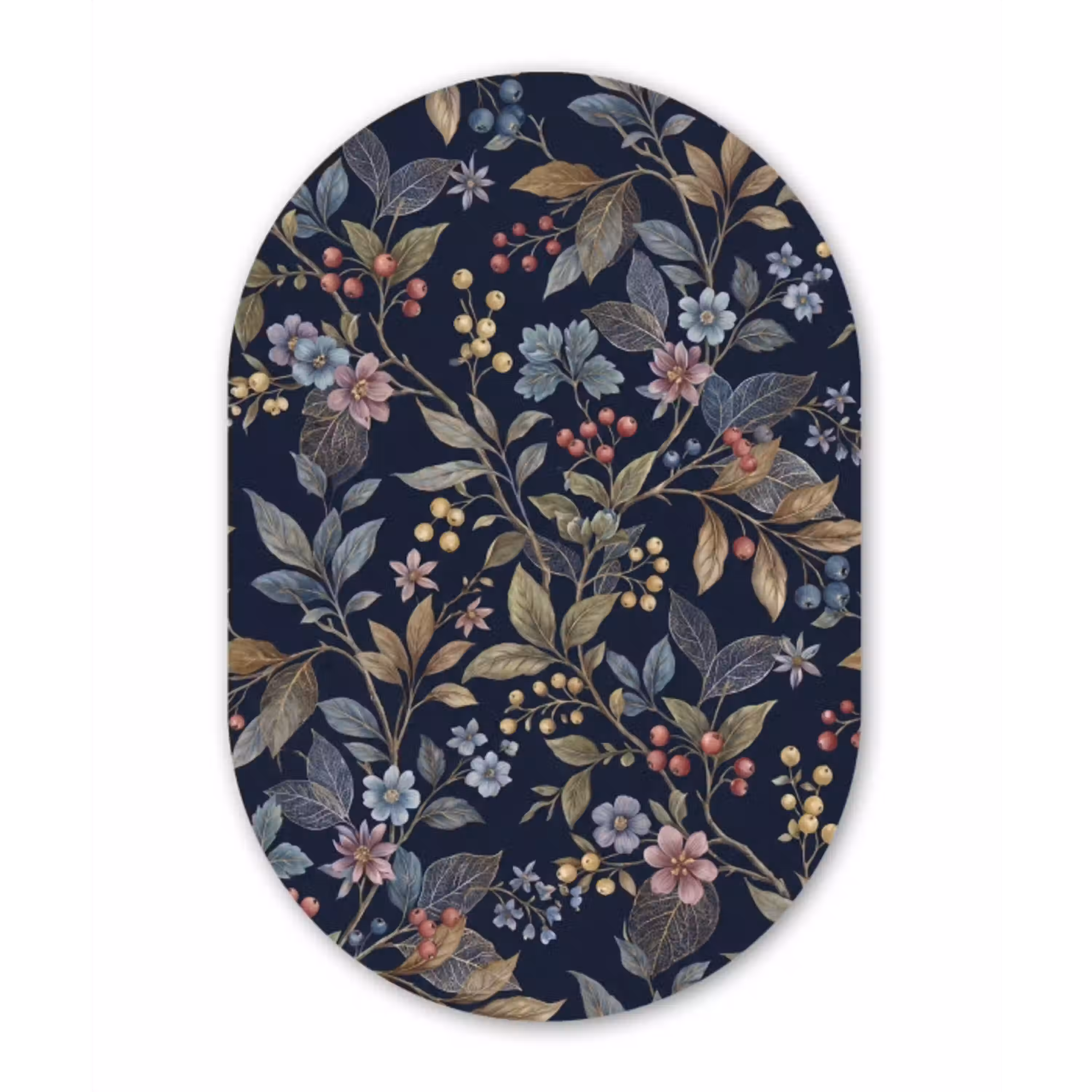 Bloemen - Bladeren - Patroon - Botanisch - Donkerblauw Wandcirkel Ovaal Aluminium middel -3d