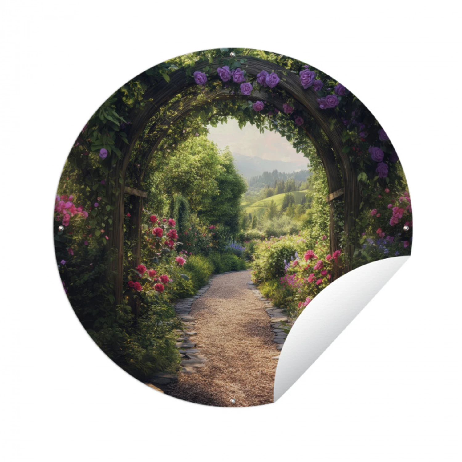 Doorkijk - Landschap - Bloemen - Tuinboog - Natuur Wandcirkel tuinposter met ringen klein -3d