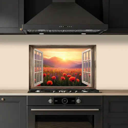 Doorkijk - Klaprozen - Bloemen - Rood - Open raam keuken achterwand spatscherm klein -sfeer1