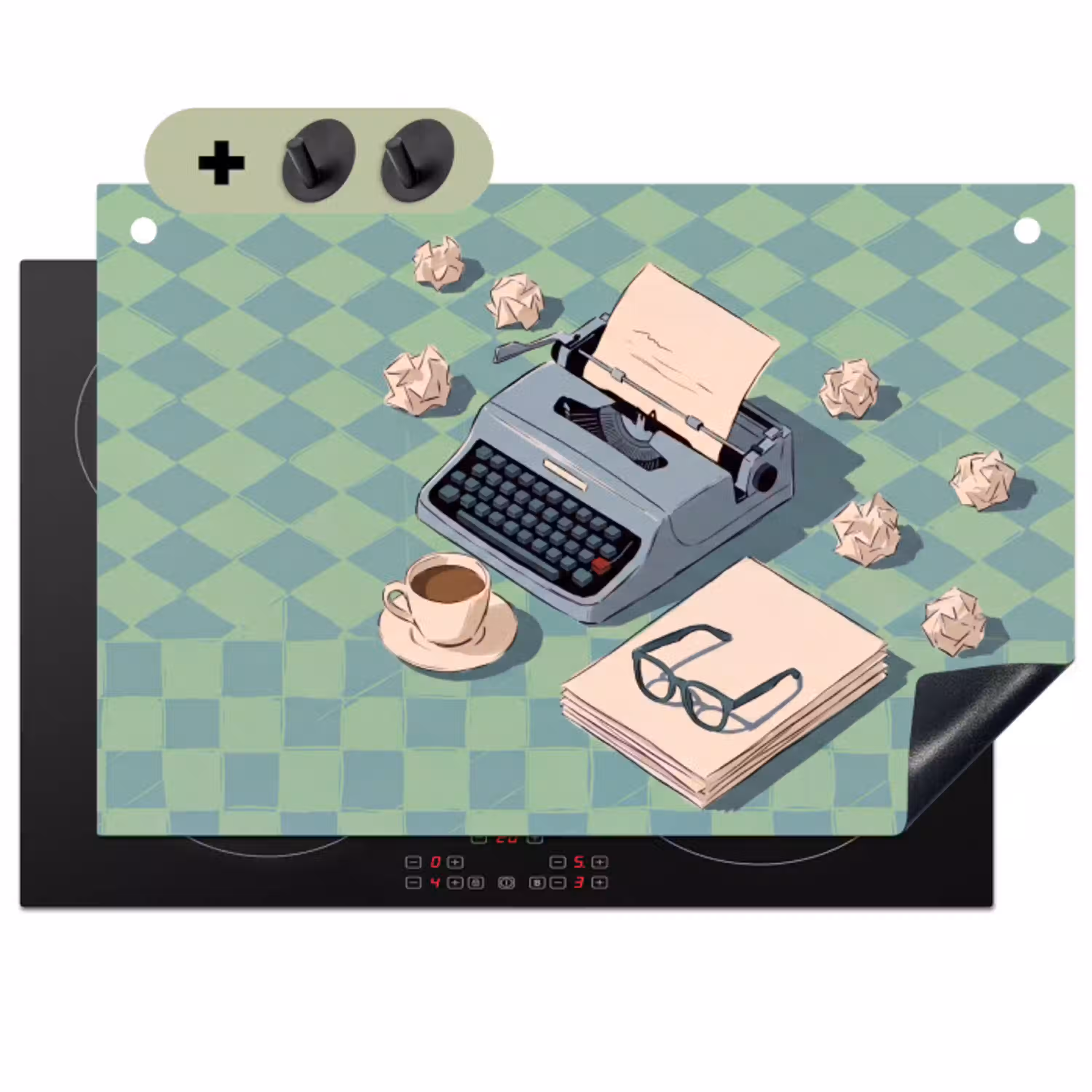 Typemachine - Kantoor - Vintage - Illustratie - Groen Inductie beschemer met haakjes klein -3d