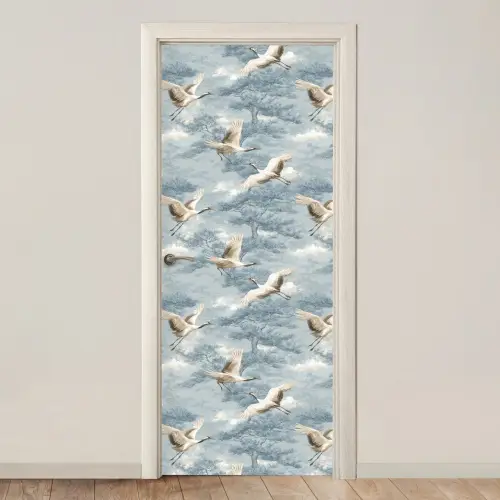 Wolken - Kraanvogels - Blauw deurposter klein 289 -3d_beige