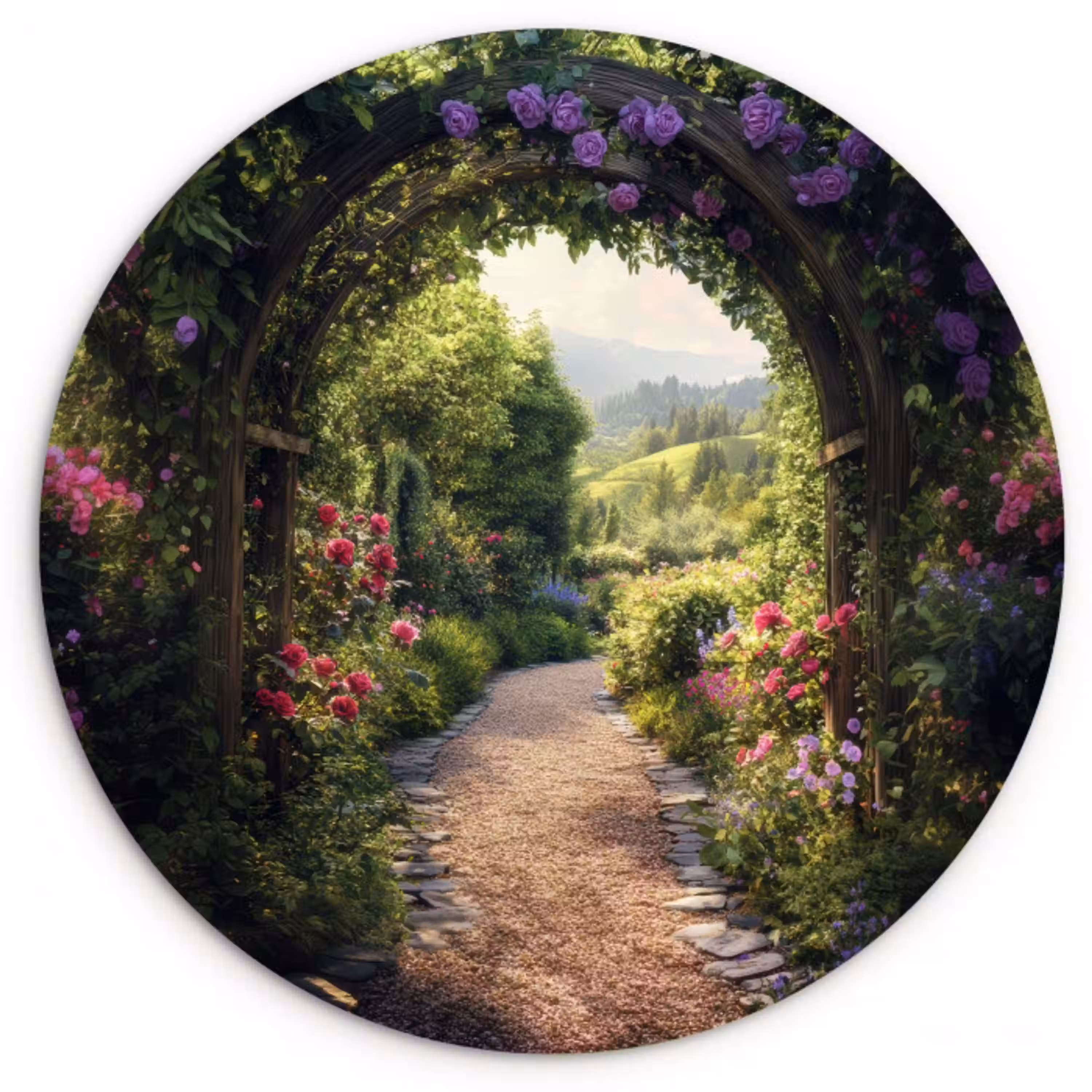 Doorkijk - Landschap - Bloemen - Tuinboog - Natuur Wandcirkel plexiglas klein -3d
