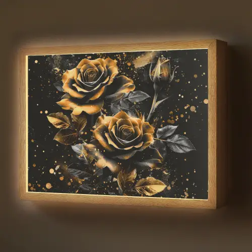 Rozen - Goud - Zwart - Bloemen - Modern Light Box met batterij (Wandlamp) middel -z3d_website