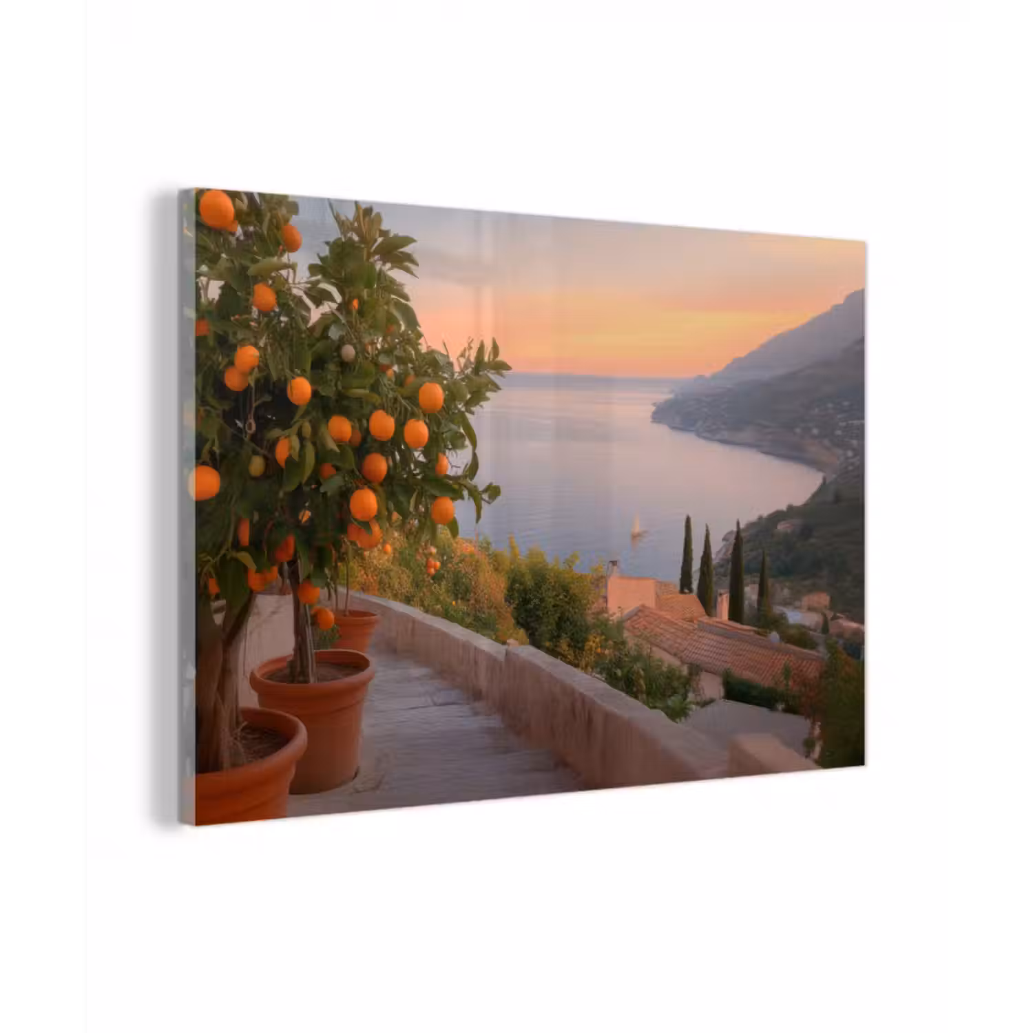 Glasbild - Mittelmeer - Orange - Hügel - Meer