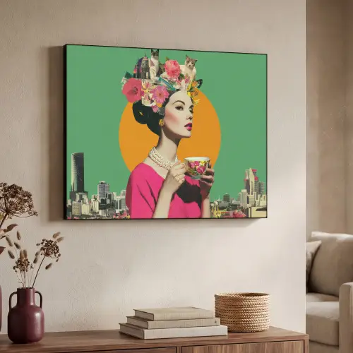 Retro - Vrouw - Stad - Zon Textielframe zwart klein -sfeer3