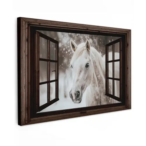 Doorkijk - Paard - Wit - Winterlandschap - Sneeuw Tuinposter op houten frame 2 cm dik klein -3d