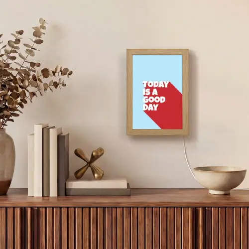 Today is a good day - Rood - lichtblauw Light Box met kabel (Tafellamp) klein -sfeer2