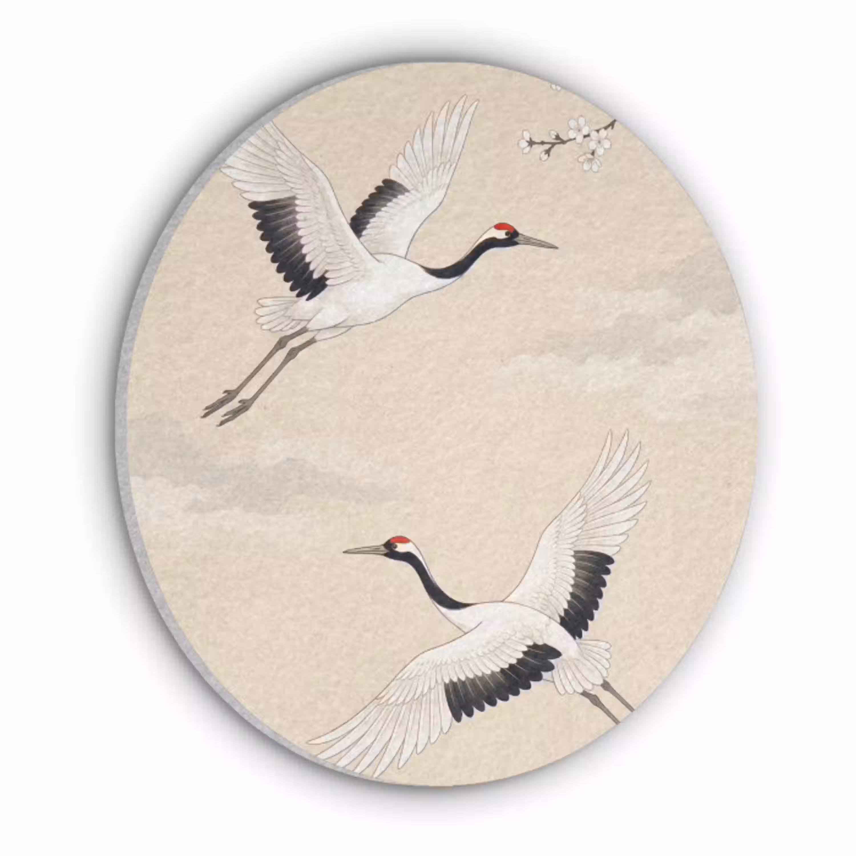 Kraanvogels - Bloesem - Beige Akoestische PET Vilt - Rond klein -3d