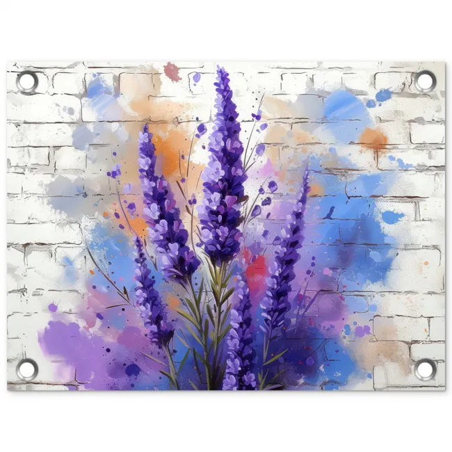 Lavendel op Witte Bakstenen Muur tuinposter los doek klein -3d